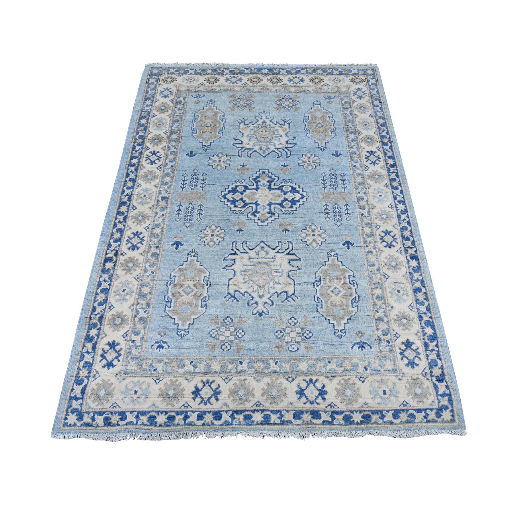 4'1"x6' Maya Blue, Vintage Look Kazak with Geometric Floral Elements, 100% Wool, Hand Knotted, Natural Dyes, Oriental Rug 